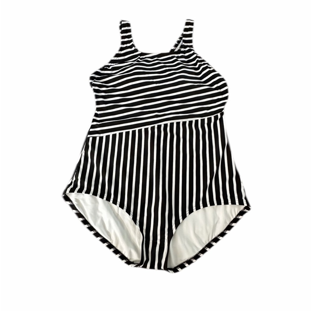 Lands' End Black & White Striped One-Piece Swimsuit